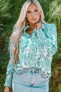 Online Dear-Lover Paisley Print Smocked Cuff Buttoned Loose Shirt Green