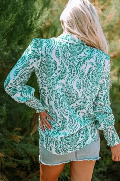 Online Dear-Lover Paisley Print Smocked Cuff Buttoned Loose Shirt Green