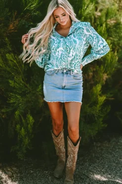 Online Dear-Lover Paisley Print Smocked Cuff Buttoned Loose Shirt Green