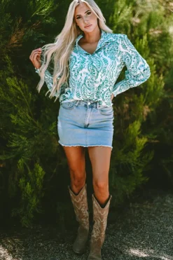 Online Dear-Lover Paisley Print Smocked Cuff Buttoned Loose Shirt Green