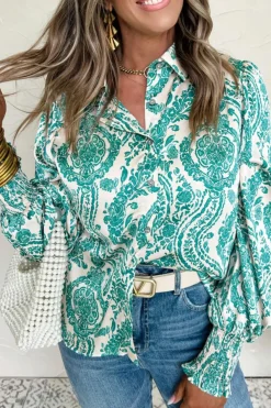 Online Dear-Lover Paisley Print Smocked Cuff Buttoned Loose Shirt Green