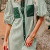 Online Dear-Lover Patch Pockets Button Down Short Puff Sleeve Dress Green