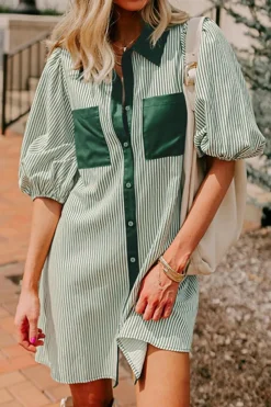 Online Dear-Lover Patch Pockets Button Down Short Puff Sleeve Dress Green