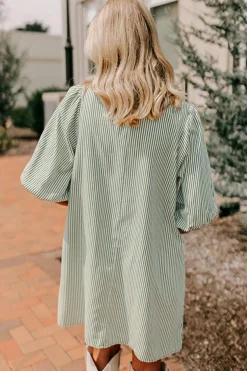Online Dear-Lover Patch Pockets Button Down Short Puff Sleeve Dress Green