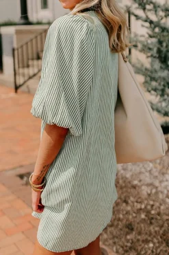 Online Dear-Lover Patch Pockets Button Down Short Puff Sleeve Dress Green