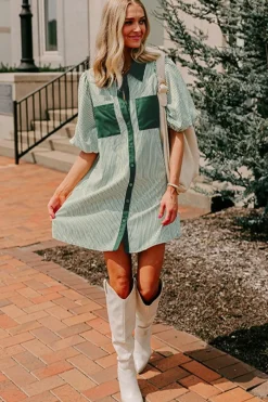 Online Dear-Lover Patch Pockets Button Down Short Puff Sleeve Dress Green