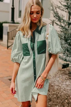 Online Dear-Lover Patch Pockets Button Down Short Puff Sleeve Dress Green