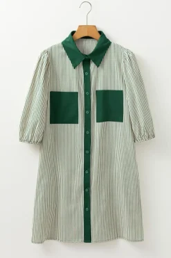Online Dear-Lover Patch Pockets Button Down Short Puff Sleeve Dress Green