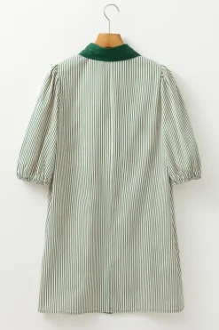 Online Dear-Lover Patch Pockets Button Down Short Puff Sleeve Dress Green