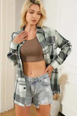 Discount Dear-Lover Plaid Button Up Patch Pocket Shirt Green