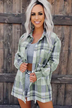 Discount Dear-Lover Plaid Button Up Patch Pocket Shirt Green