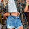 Outlet Dear-Lover Plaid Long Sleeeve Side Split Distressed Hem Shirt Green