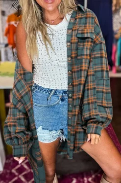 Outlet Dear-Lover Plaid Long Sleeeve Side Split Distressed Hem Shirt Green
