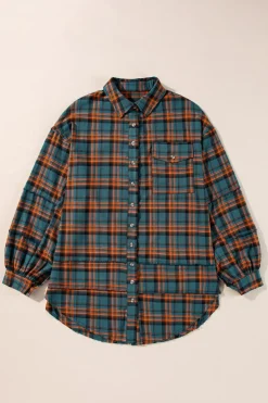 Outlet Dear-Lover Plaid Long Sleeeve Side Split Distressed Hem Shirt Green