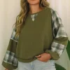 Best Dear-Lover Plaid Patch Waffle Knit Exposed Seam Bubble Sleeve Top Green