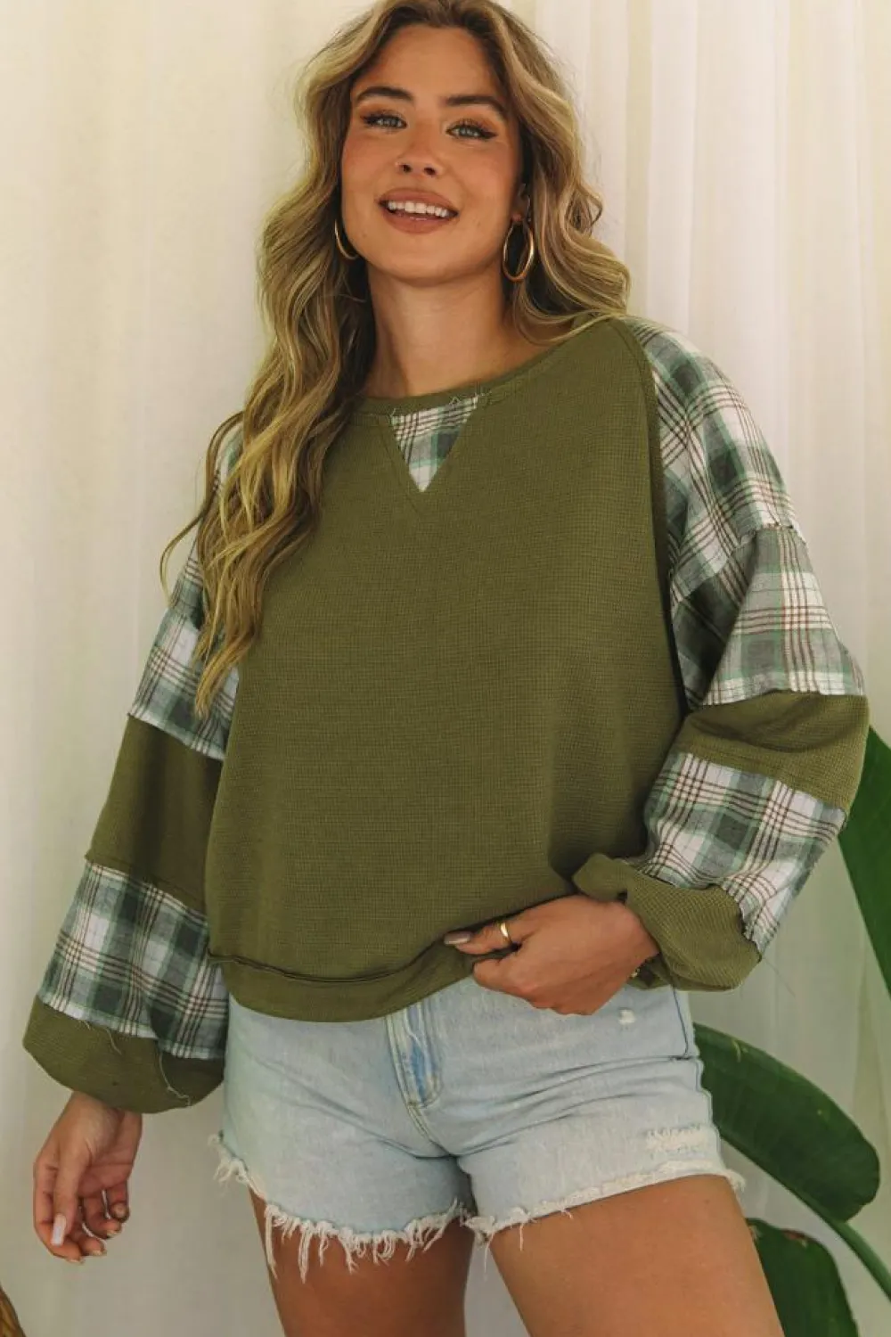 Best Dear-Lover Plaid Patch Waffle Knit Exposed Seam Bubble Sleeve Top Green