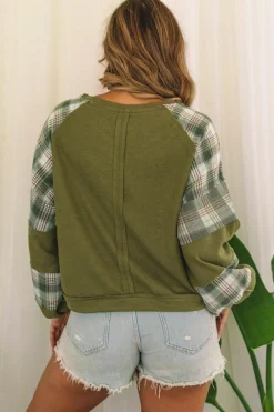 Best Dear-Lover Plaid Patch Waffle Knit Exposed Seam Bubble Sleeve Top Green