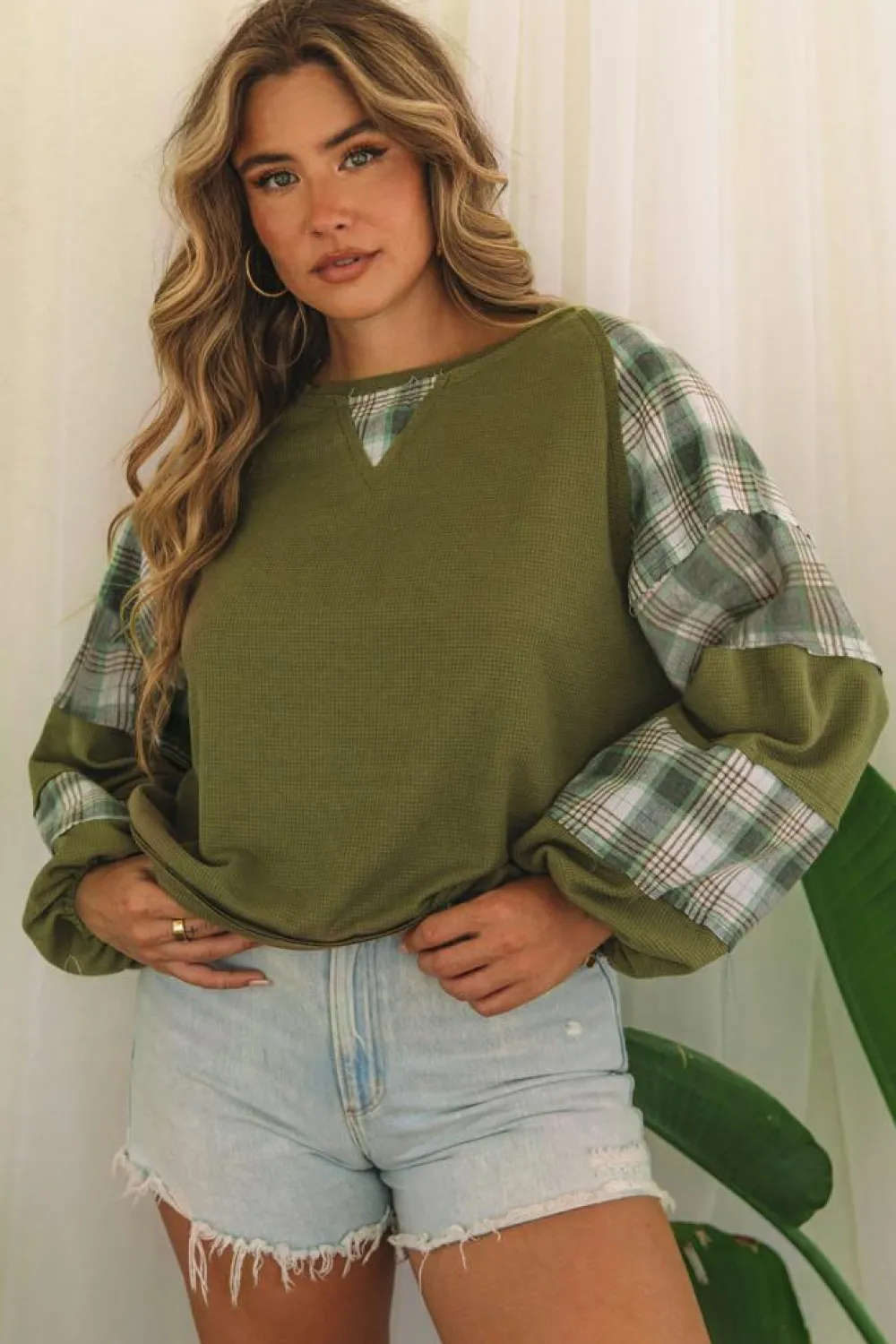 Best Dear-Lover Plaid Patch Waffle Knit Exposed Seam Bubble Sleeve Top Green