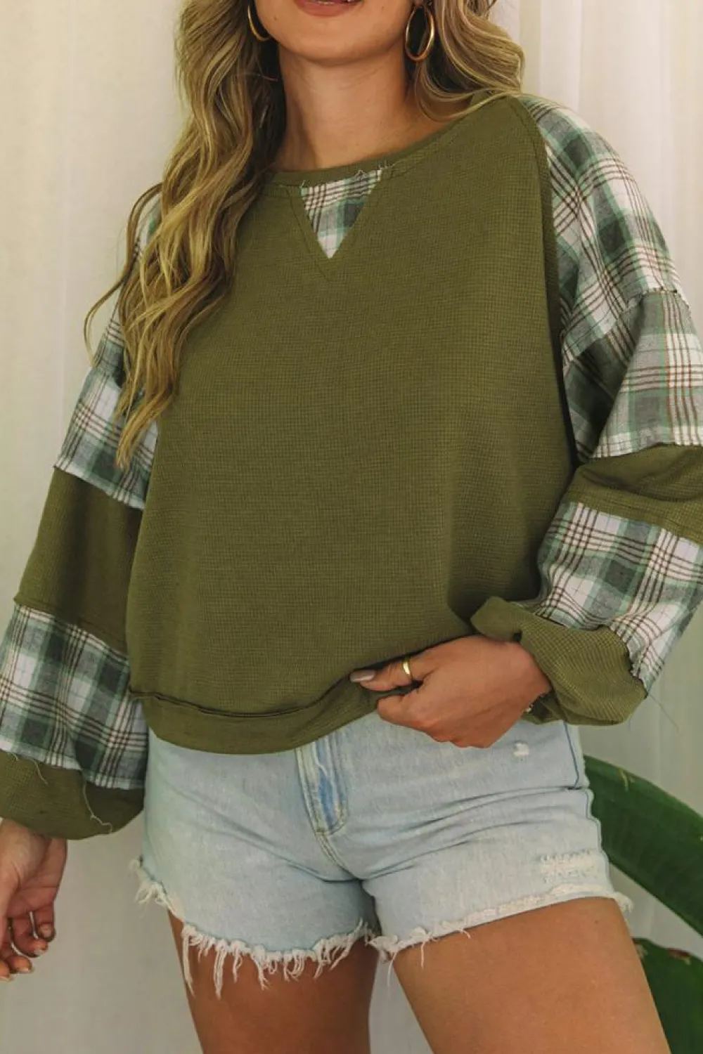 Best Dear-Lover Plaid Patch Waffle Knit Exposed Seam Bubble Sleeve Top Green