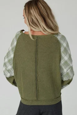 Best Dear-Lover Plaid Patch Waffle Knit Exposed Seam Bubble Sleeve Top Green