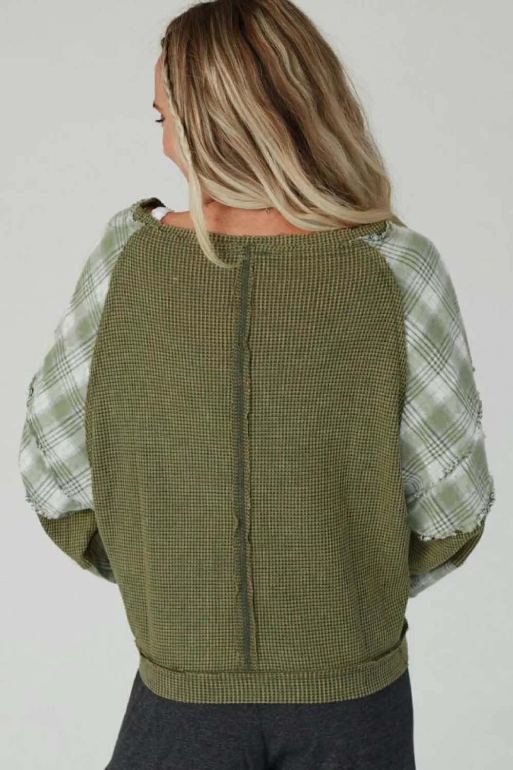 Best Dear-Lover Plaid Patch Waffle Knit Exposed Seam Bubble Sleeve Top Green
