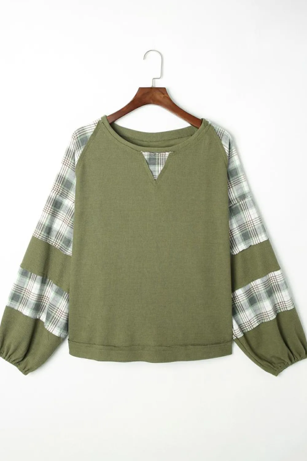 Best Dear-Lover Plaid Patch Waffle Knit Exposed Seam Bubble Sleeve Top Green