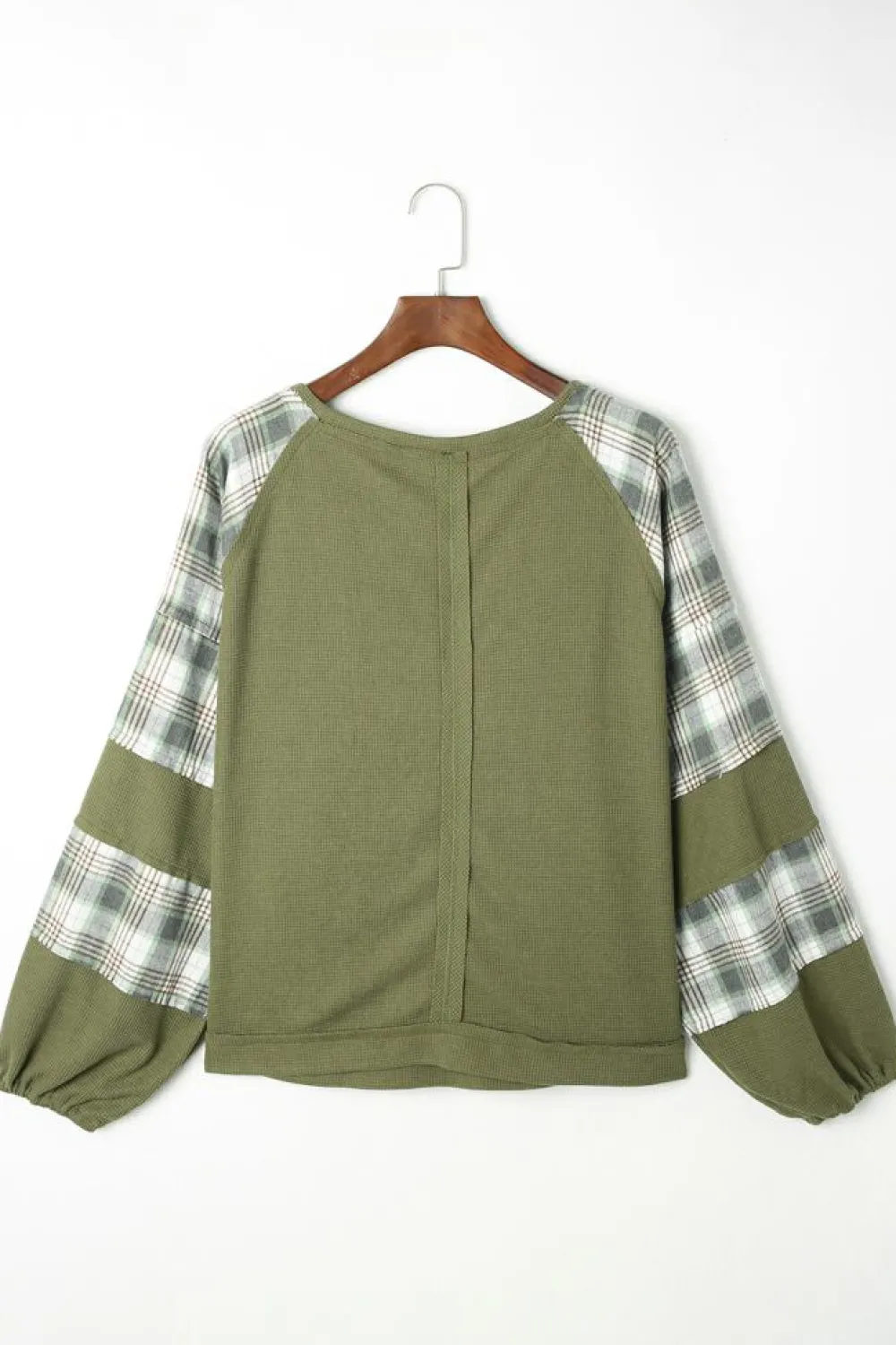 Best Dear-Lover Plaid Patch Waffle Knit Exposed Seam Bubble Sleeve Top Green