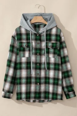 New Dear-Lover Plaid Print Chest Pocket Buttoned Hooded Shacket Green