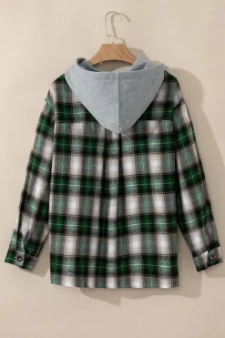 New Dear-Lover Plaid Print Chest Pocket Buttoned Hooded Shacket Green
