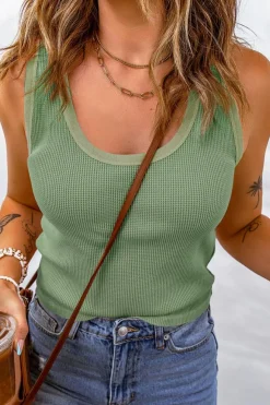 Hot Dear-Lover Plain Waffle Knit U Neck Tank Top Green