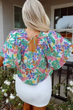 Online Dear-Lover Plant Print Loose Fit Puff Sleeve Square Neck Blouse Green