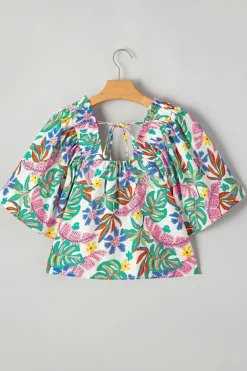 Online Dear-Lover Plant Print Loose Fit Puff Sleeve Square Neck Blouse Green