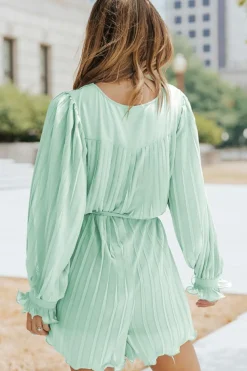 New Dear-Lover Pleated Ruffled Tie Waist Buttons V Neck Romper Green