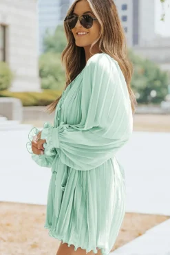 New Dear-Lover Pleated Ruffled Tie Waist Buttons V Neck Romper Green
