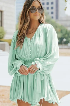 New Dear-Lover Pleated Ruffled Tie Waist Buttons V Neck Romper Green