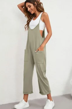 Online Dear-Lover Pocketed Adjustable Spaghetti Strap Straight Leg Jumpsuit Green