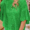 Sale Dear-Lover Pointelle Knit Scallop Edge Short Sleeve Top Green
