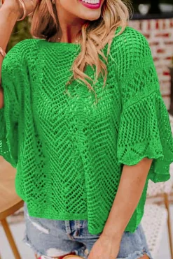Sale Dear-Lover Pointelle Knit Scallop Edge Short Sleeve Top Green
