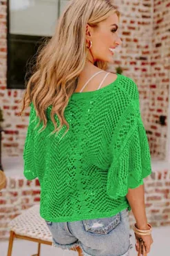 Sale Dear-Lover Pointelle Knit Scallop Edge Short Sleeve Top Green