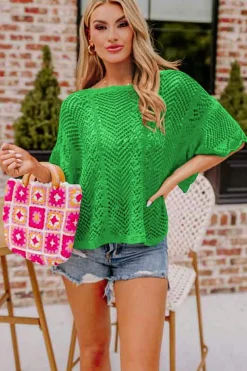 Sale Dear-Lover Pointelle Knit Scallop Edge Short Sleeve Top Green