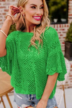 Sale Dear-Lover Pointelle Knit Scallop Edge Short Sleeve Top Green