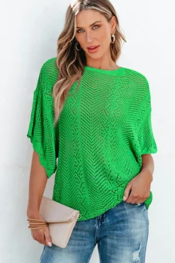 Sale Dear-Lover Pointelle Knit Scallop Edge Short Sleeve Top Green
