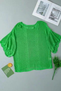 Sale Dear-Lover Pointelle Knit Scallop Edge Short Sleeve Top Green