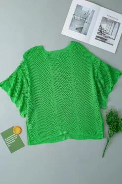 Sale Dear-Lover Pointelle Knit Scallop Edge Short Sleeve Top Green