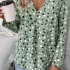 Clearance Dear-Lover Polka Dot Print Button Front V Neck Blouse Green