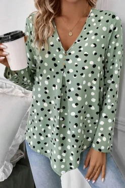 Clearance Dear-Lover Polka Dot Print Button Front V Neck Blouse Green