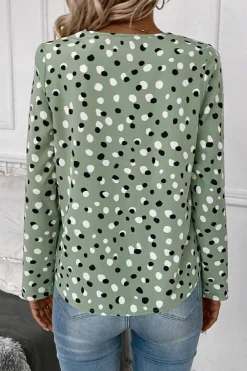 Clearance Dear-Lover Polka Dot Print Button Front V Neck Blouse Green