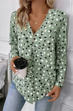 Clearance Dear-Lover Polka Dot Print Button Front V Neck Blouse Green