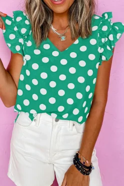 Fashion Dear-Lover Polka Dot Print Ruffled Sleeve V Neck Blouse Green