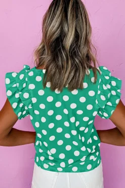 Fashion Dear-Lover Polka Dot Print Ruffled Sleeve V Neck Blouse Green